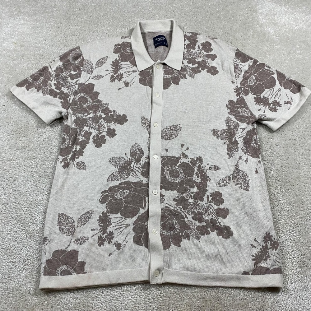 Abercrombie & Fitch Shirt Mens L Beige Knit Floral Button Up Short Sleeve Summer
